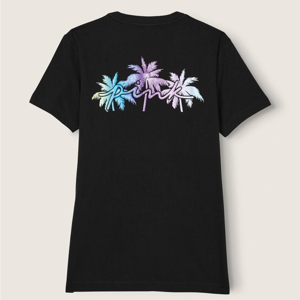 VS VICTORIAS SECRET PINK CAMPUS SHORT SLEEVE TEE TOP PURE BLACK PALM SHINE XS - Picture 6 of 8